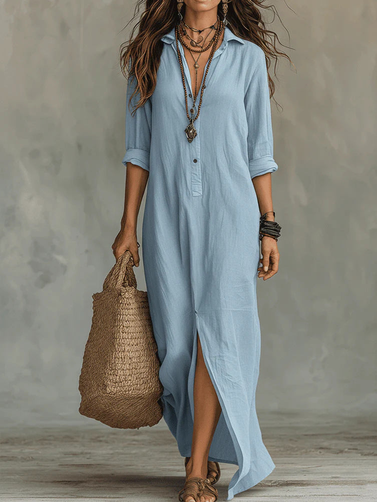 Summer Casual Solid Color Turn-Down Collar Front Slit Long Dress