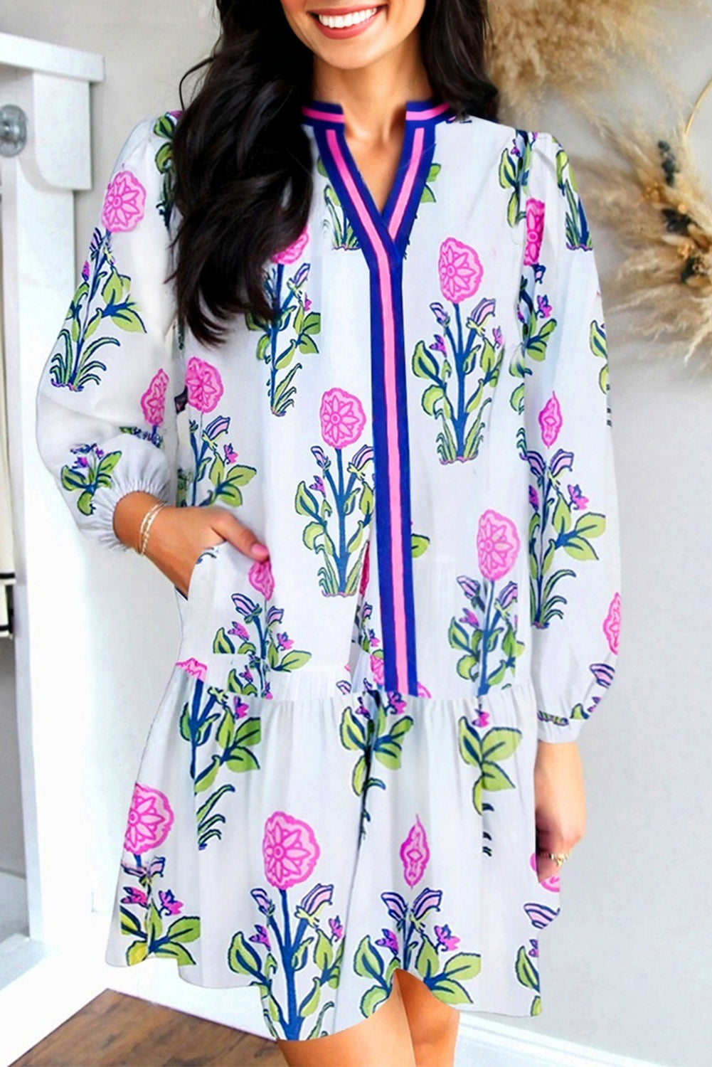 White Floral Print Contrast Striped Trim Notched Neck Long Sleeve Dress Dear-Lover Dropshipping