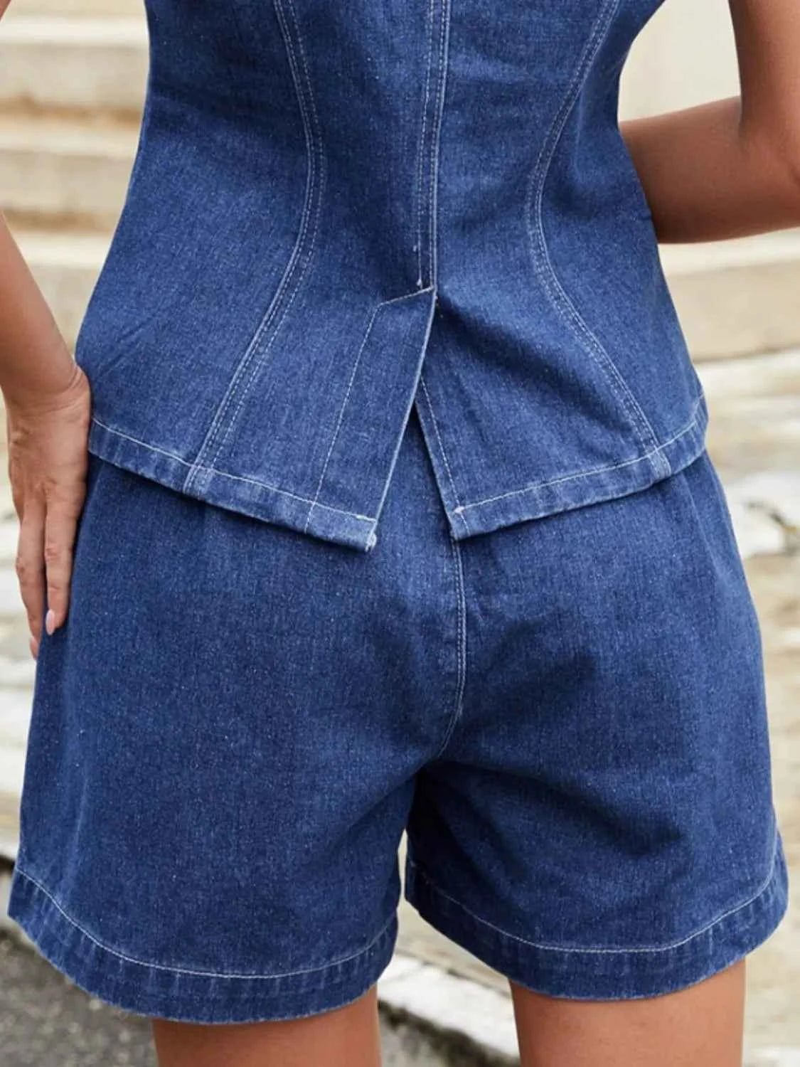 Button Down Vest and Shorts Denim Set