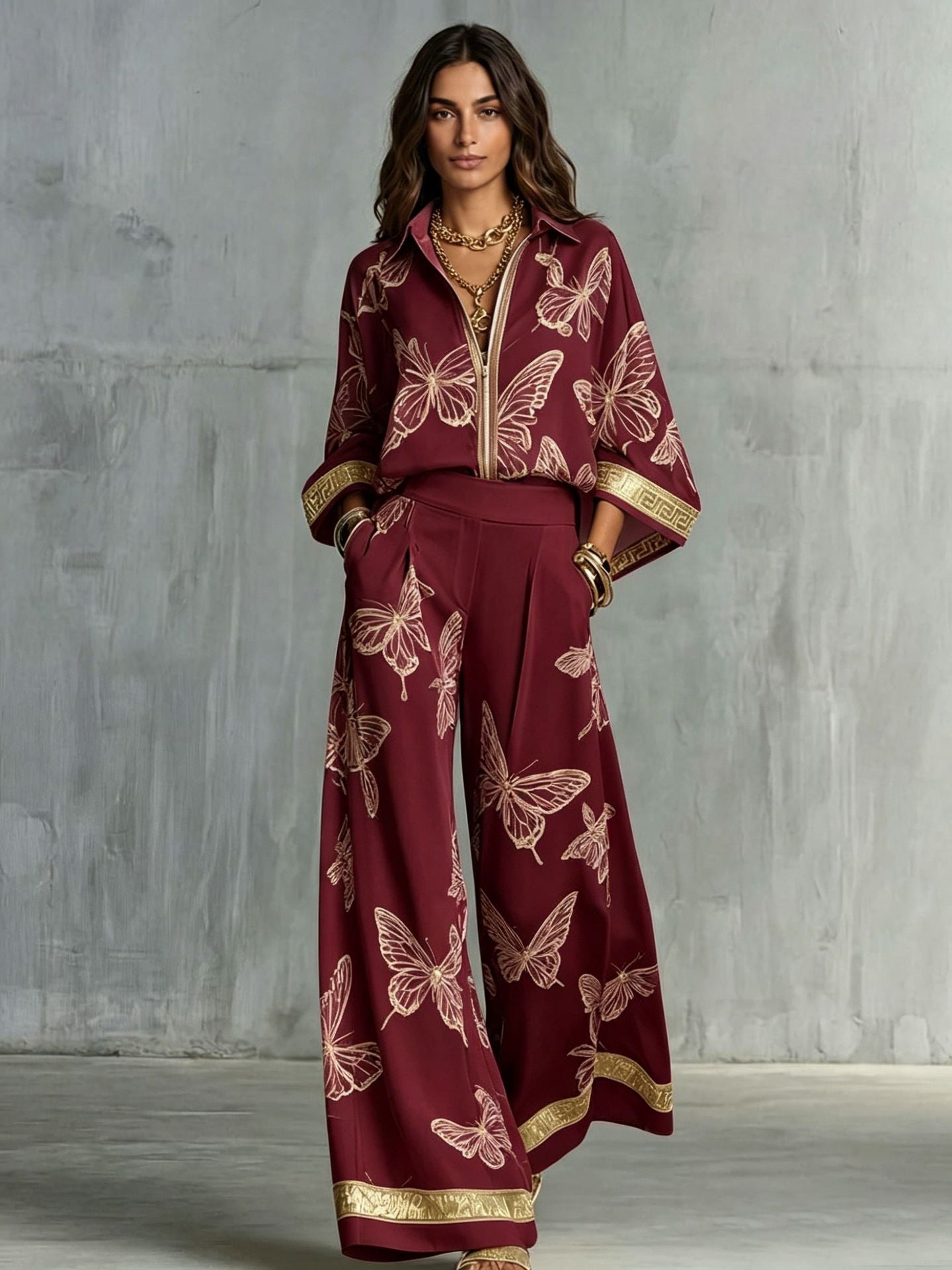 Style Women's Retro Printed Sexy Deep V Neck Loose Zipper Top with Wide Leg Pants Two-Piece Set eprolo