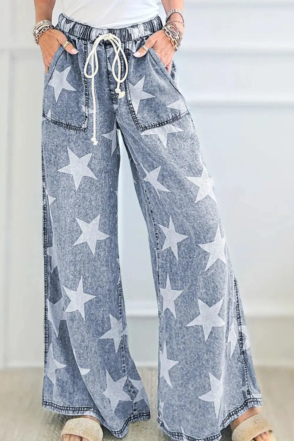 Star Print Washed Drawstring High Waist Wide Leg Jeans.