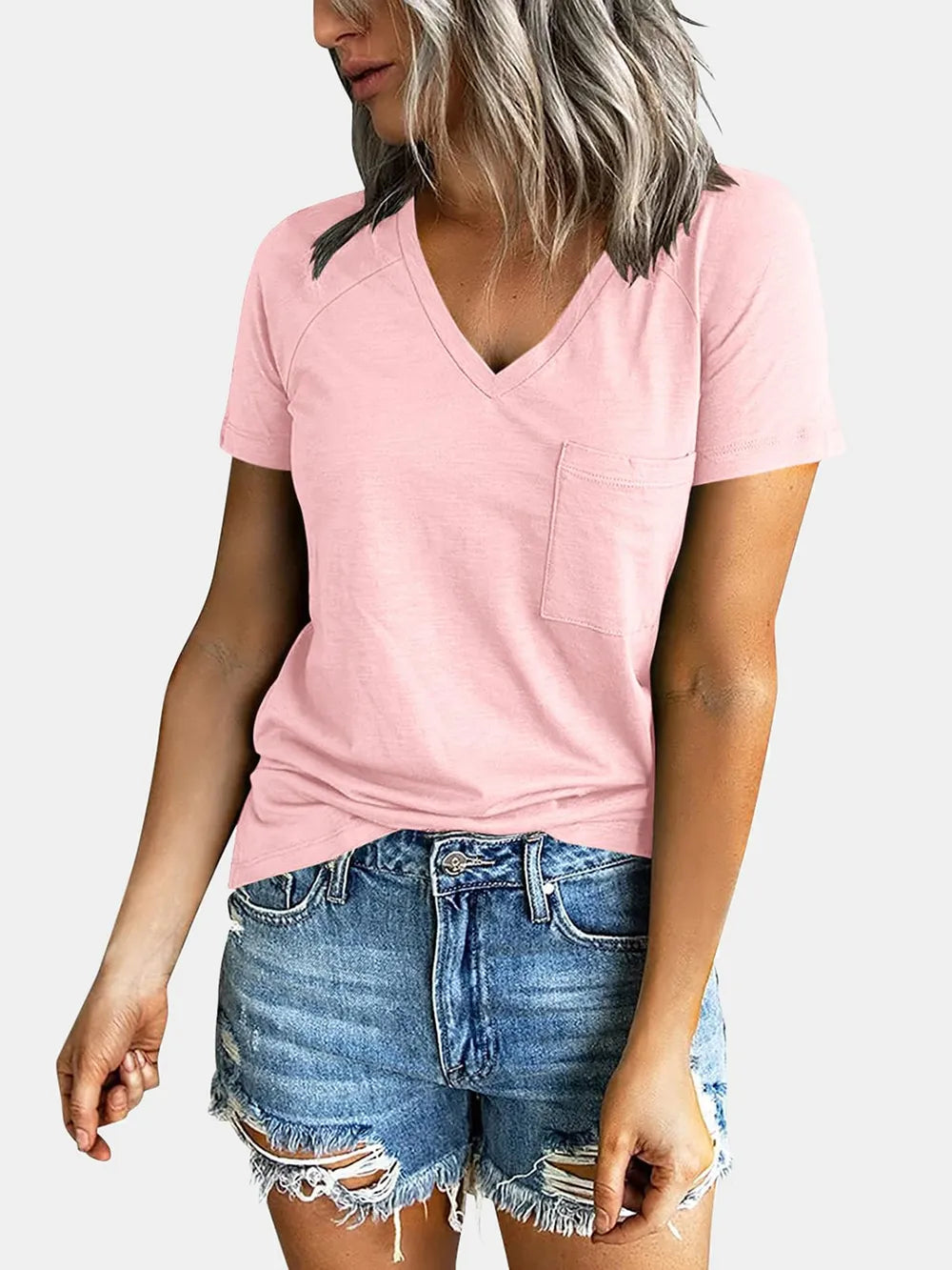 Pocketed V-Neck Short Sleeve T-Shirt.