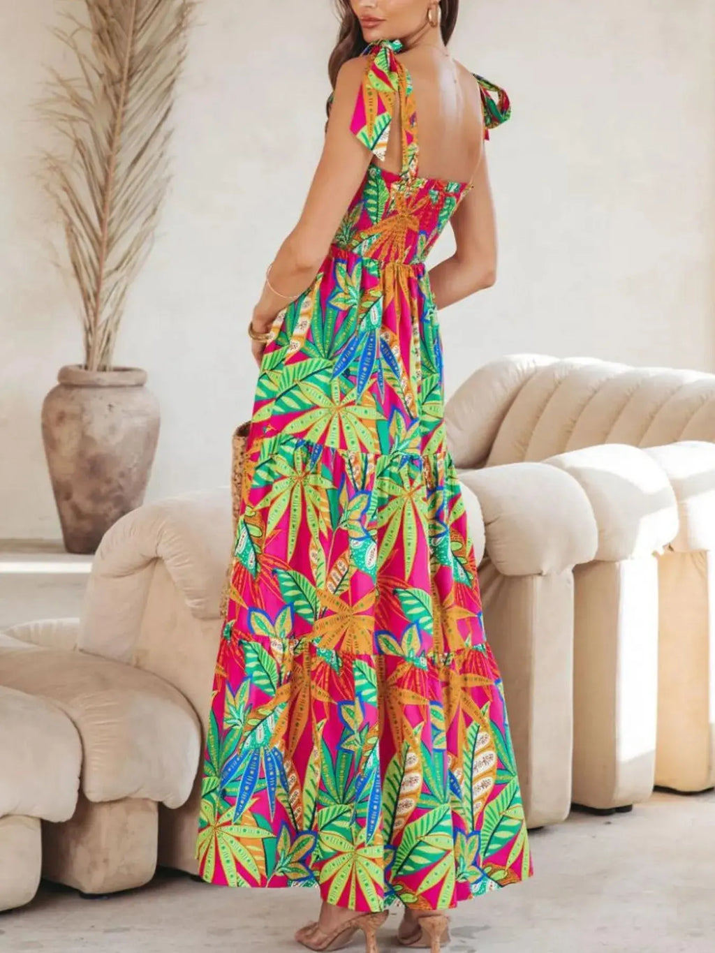 Tropical Print Tie Shoulder Maxi Dress.