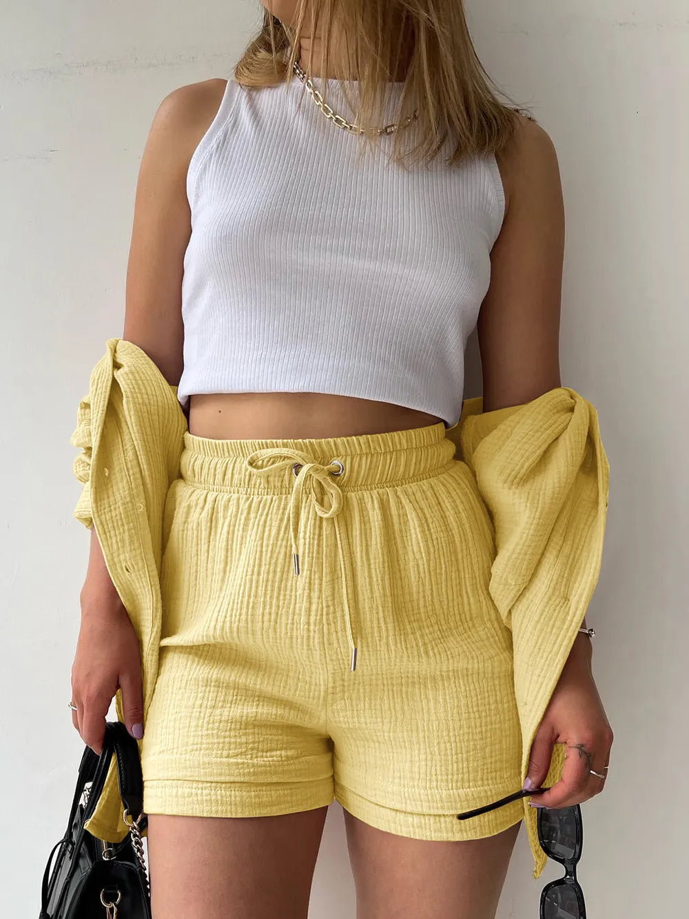 Texture Button Up Shirt and Drawstring Shorts Set - CHIC TB