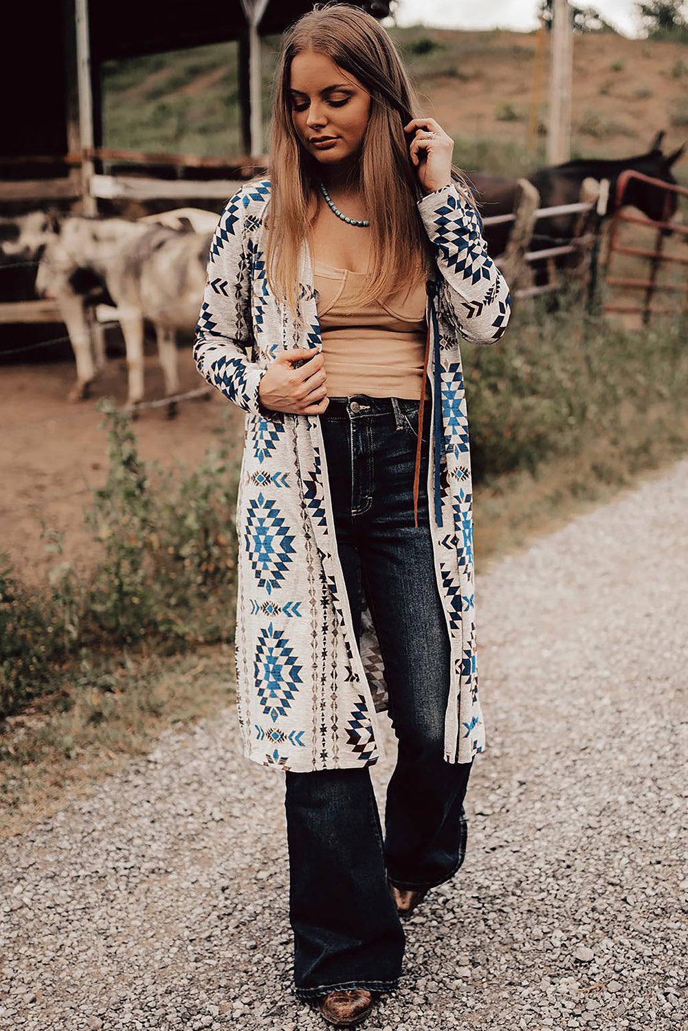 Sky Blue Western Aztec Printed Open Front Long Cardigan Dear-Lover Dropshipping