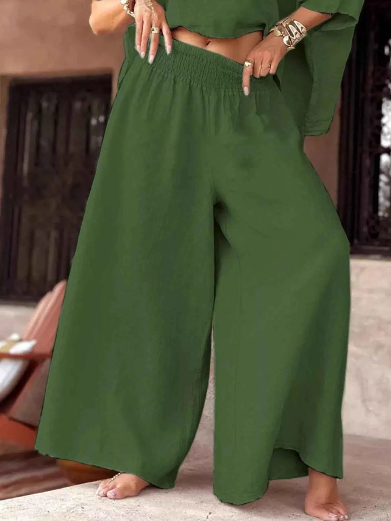Full Size Boat Neck Top and Wide Leg Pants Set Plus Size.