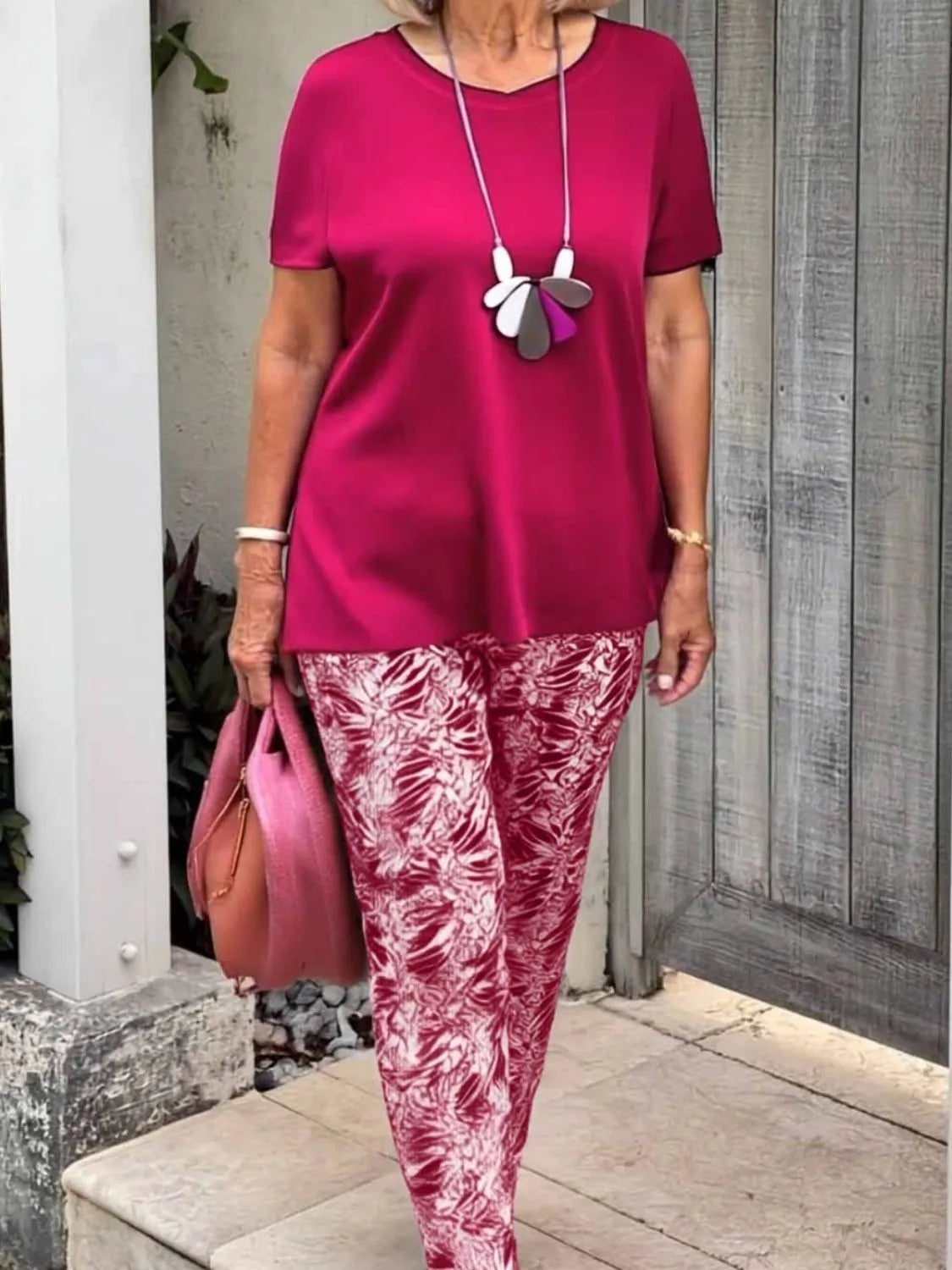 Full Size Round Neck Short Sleeve Top and Pants Set Plus Size - CHIC TB