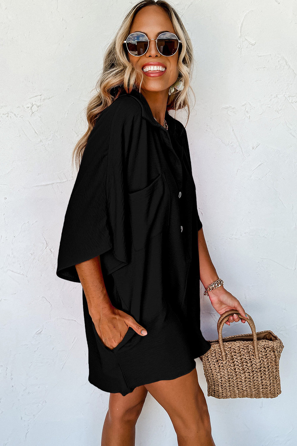 Black Half Button Collared Loose Romper Dear-Lover Dropshipping