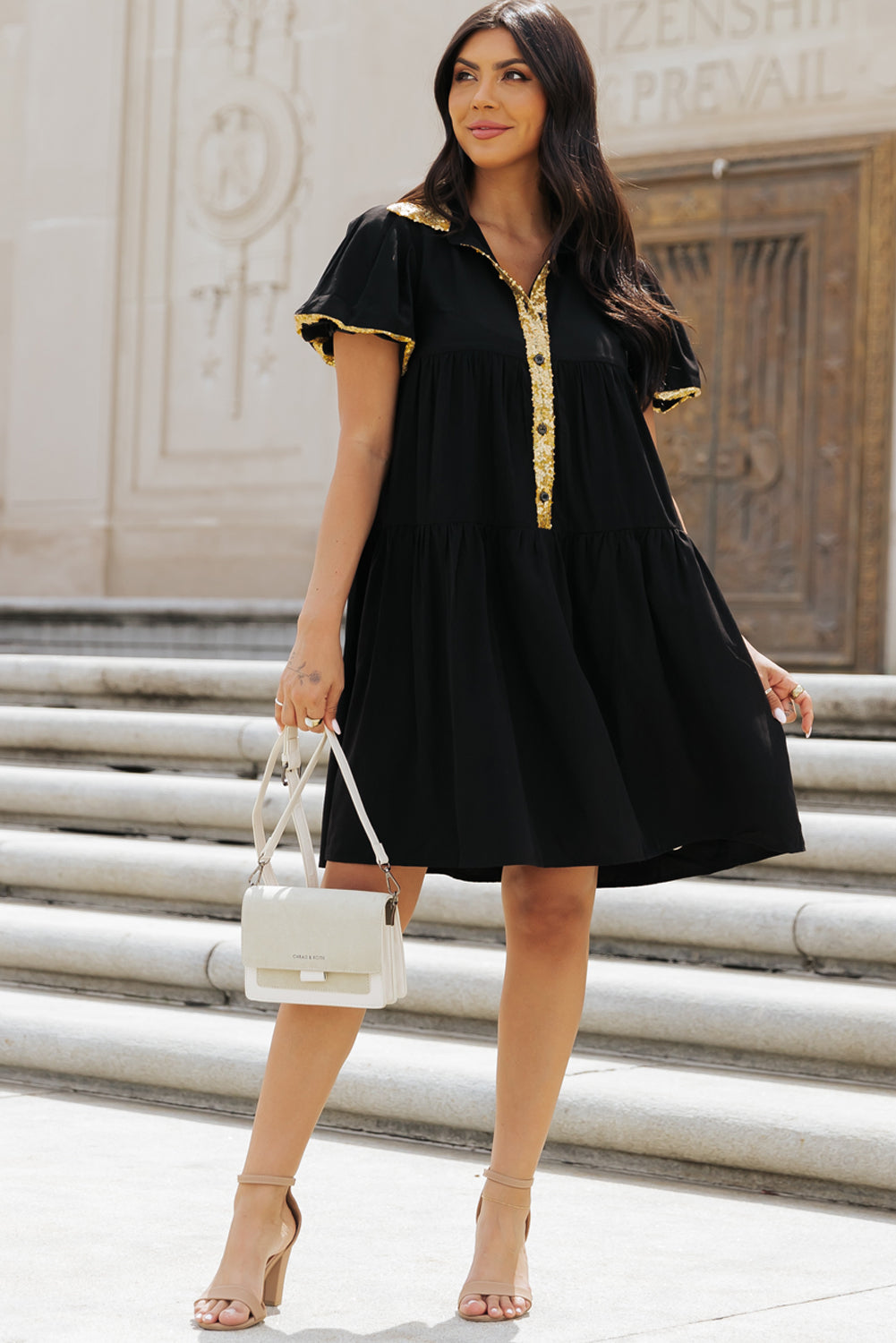 Black Sequin Trim Bubble Sleeve Game Day Shirt Dress Dear-Lover Dropshipping