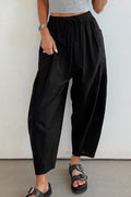 Black Drawstring Elastic Waist Patch Pocket Barrel Leg Casual Pants