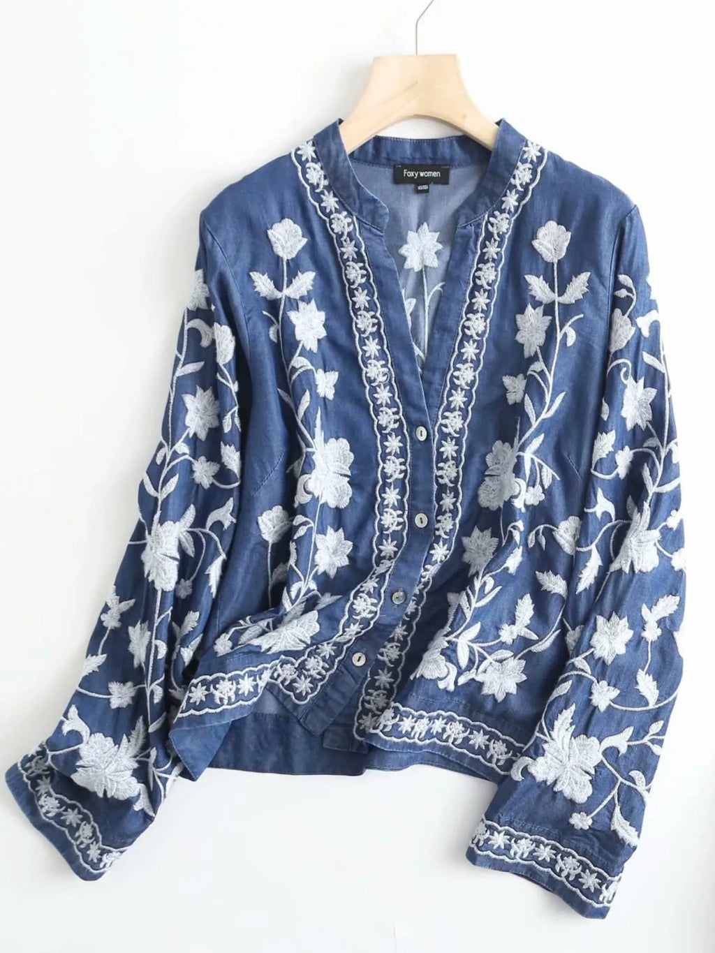 Floral Embroidered Button Up Denim Shirt.