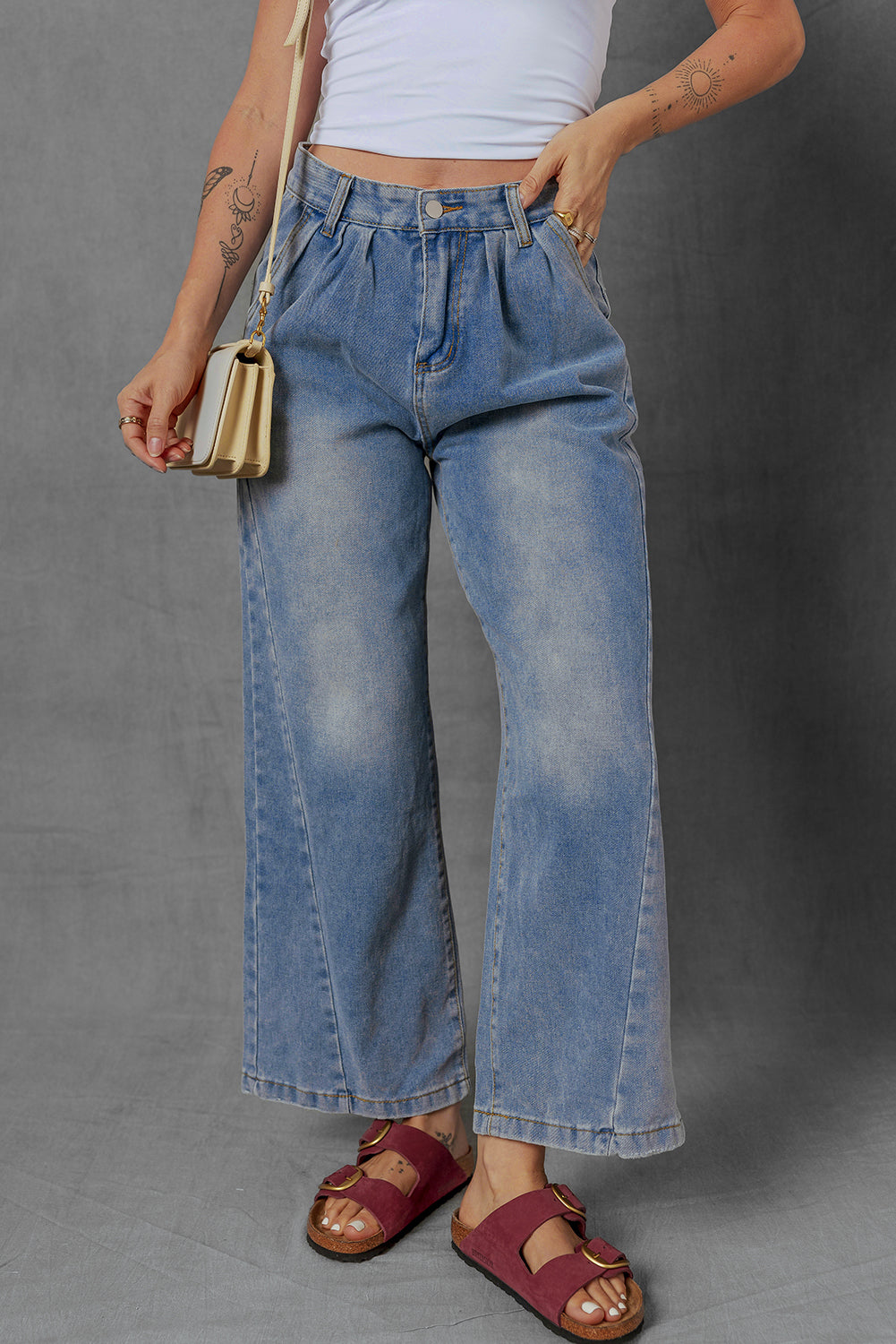 Ashleigh Blue Washed Pleated Detail Wide Leg Jeans Dear-Lover Dropshipping