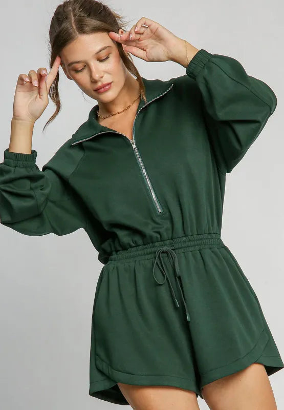 Drawstring Half Zip Long Sleeve Romper.