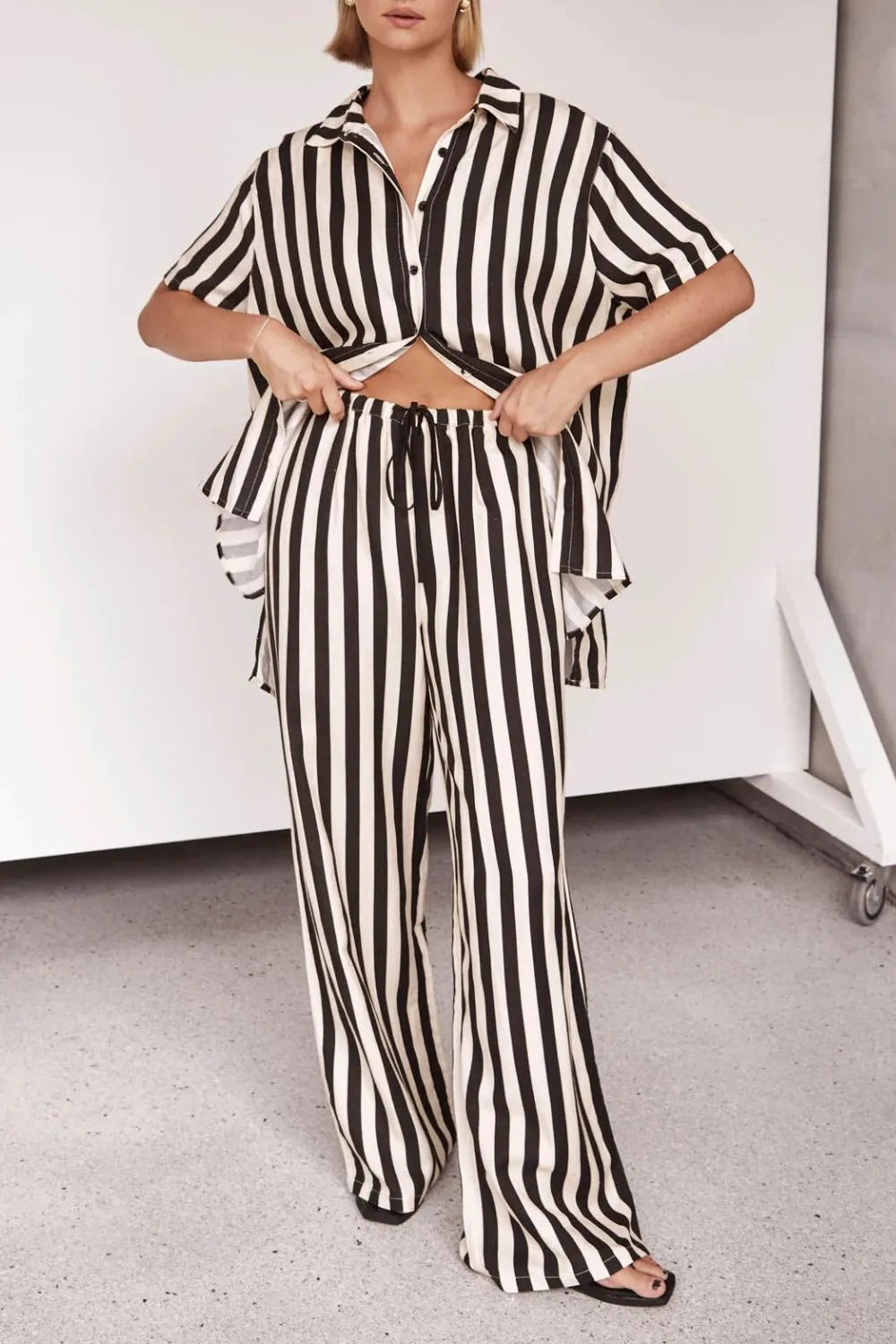 Striped Collared Neck Half Sleeve Top and Pants Set - CHIC TB