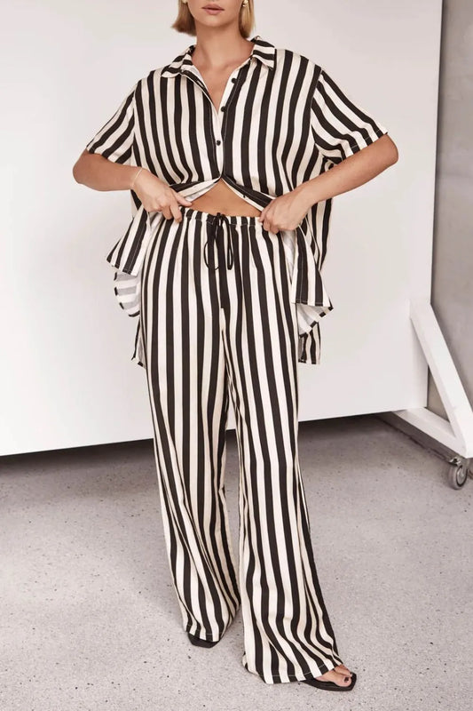 Striped Collared Neck Half Sleeve Top and Pants Set - CHIC TB