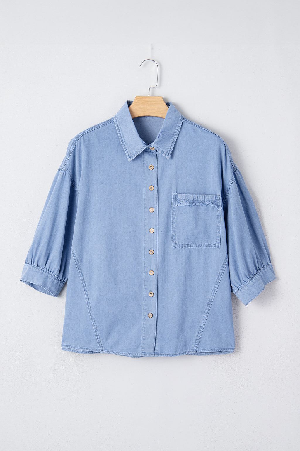Myosotis Washed Drop Shoulder Bracelet Sleeve Chambray Shirt