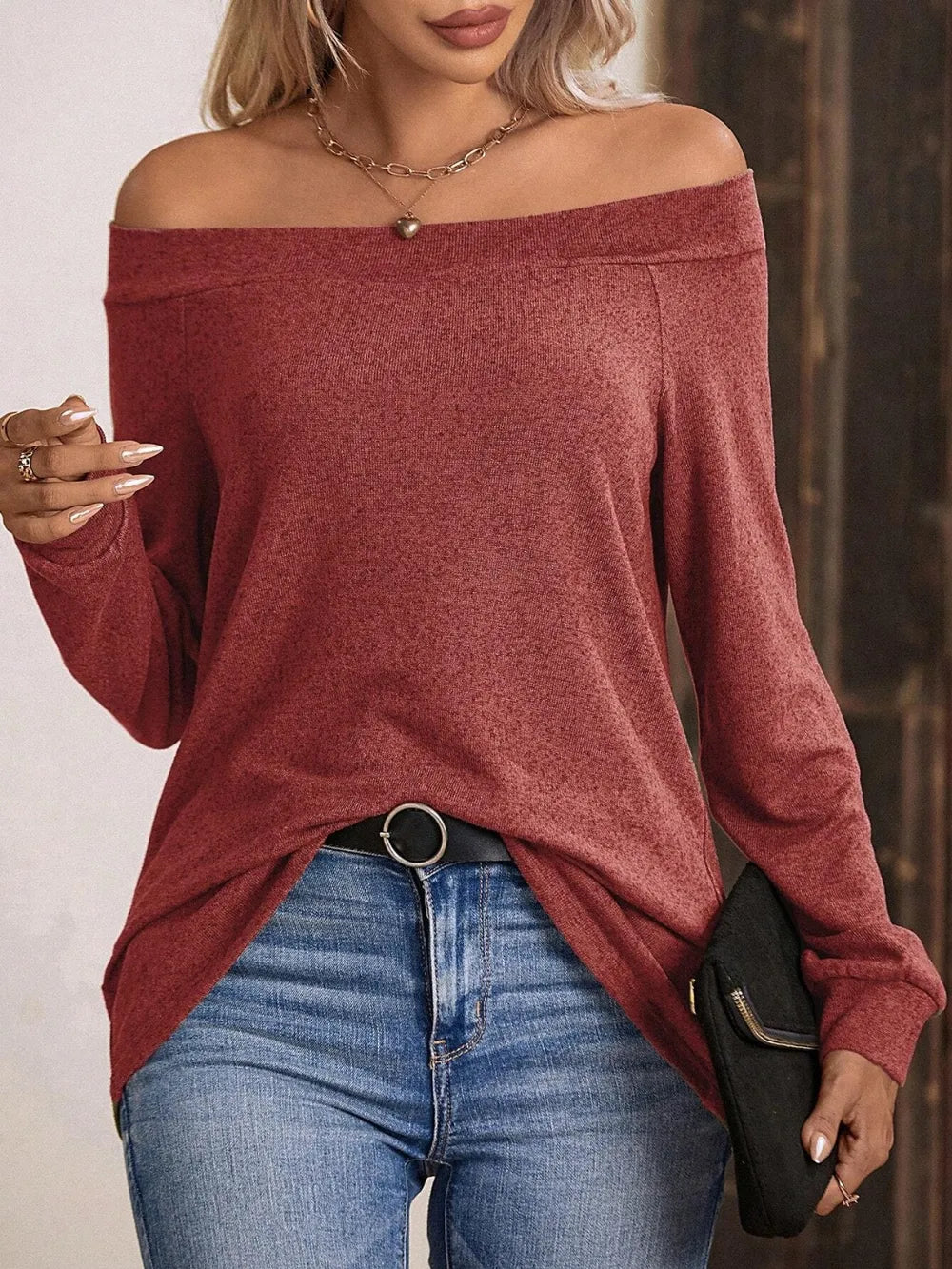 Off-Shoulder Long Sleeve T-Shirt.
