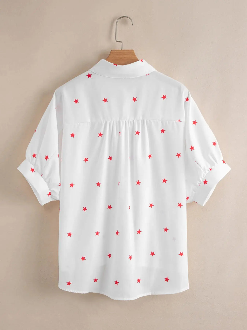 Star Print Puff Sleeve Button-Up Shirt.