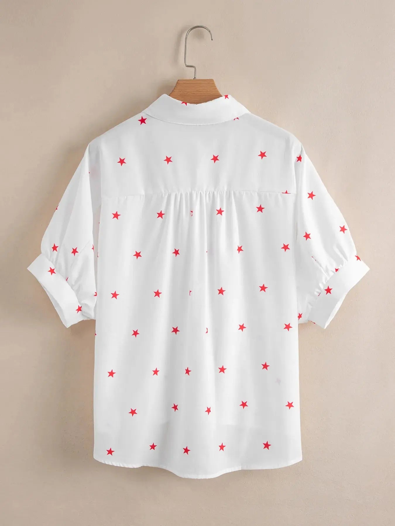 Star Print Puff Sleeve Button-Up Shirt.