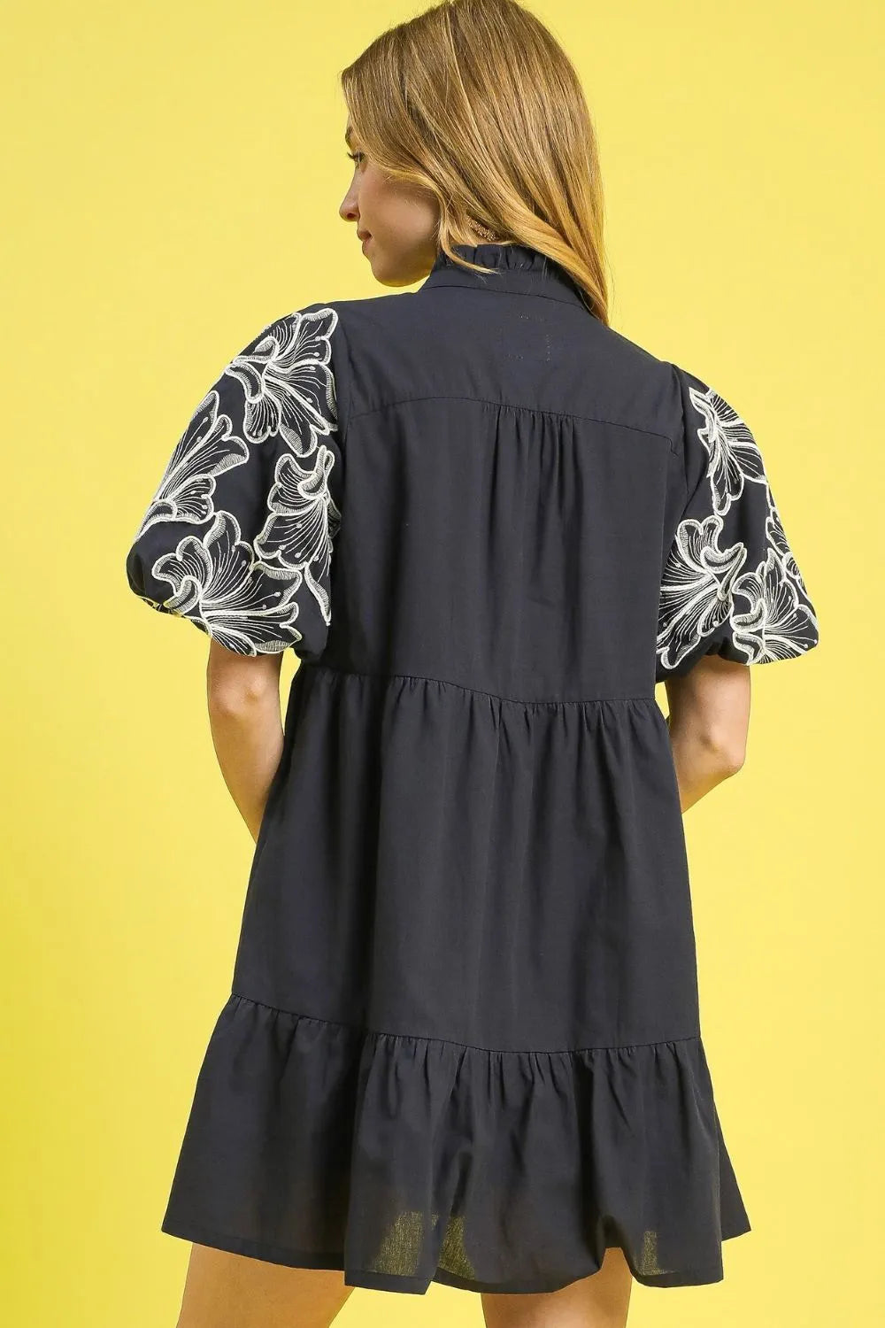 Embroidered Puff Sleeve Mini Dress.