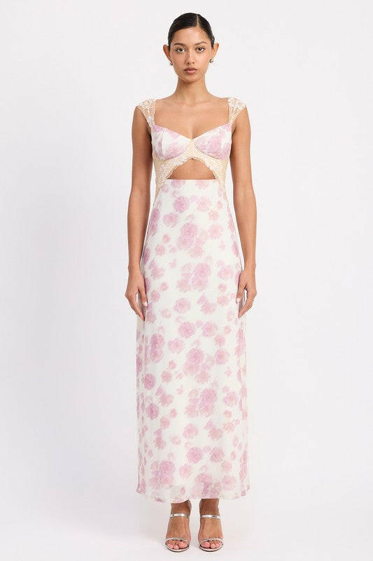FLORAL MESH LACE TRIM MAXI DRESS WITH BUST CUTOUT.