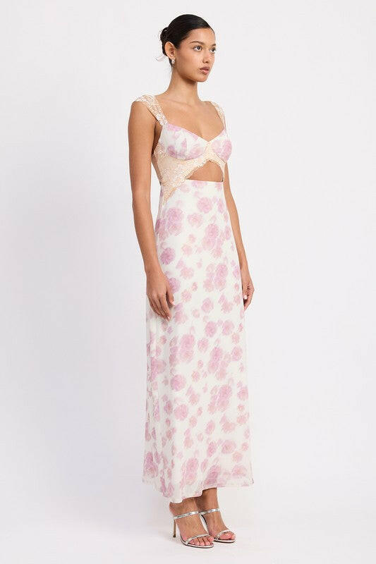FLORAL MESH LACE TRIM MAXI DRESS WITH BUST CUTOUT.