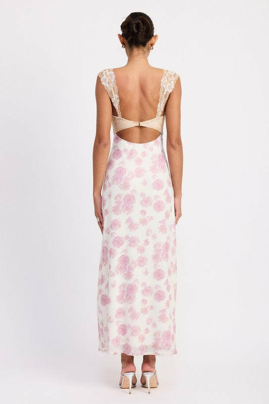 FLORAL MESH LACE TRIM MAXI DRESS WITH BUST CUTOUT.
