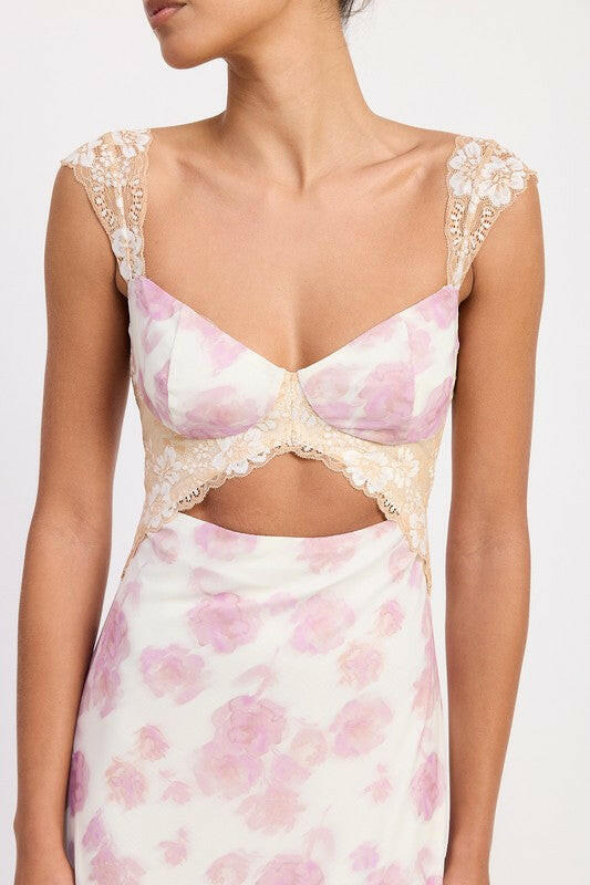 FLORAL MESH LACE TRIM MAXI DRESS WITH BUST CUTOUT.