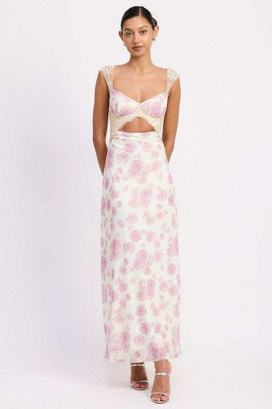 FLORAL MESH LACE TRIM MAXI DRESS WITH BUST CUTOUT.