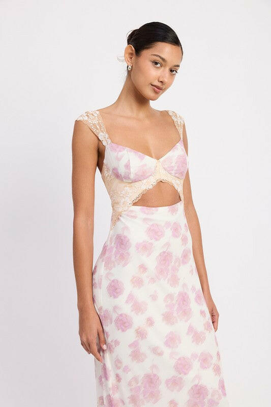 FLORAL MESH LACE TRIM MAXI DRESS WITH BUST CUTOUT.