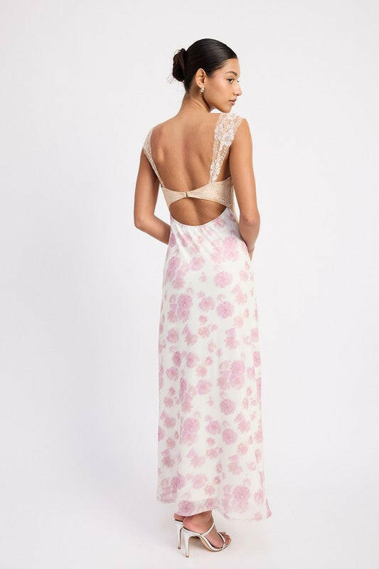 FLORAL MESH LACE TRIM MAXI DRESS WITH BUST CUTOUT.