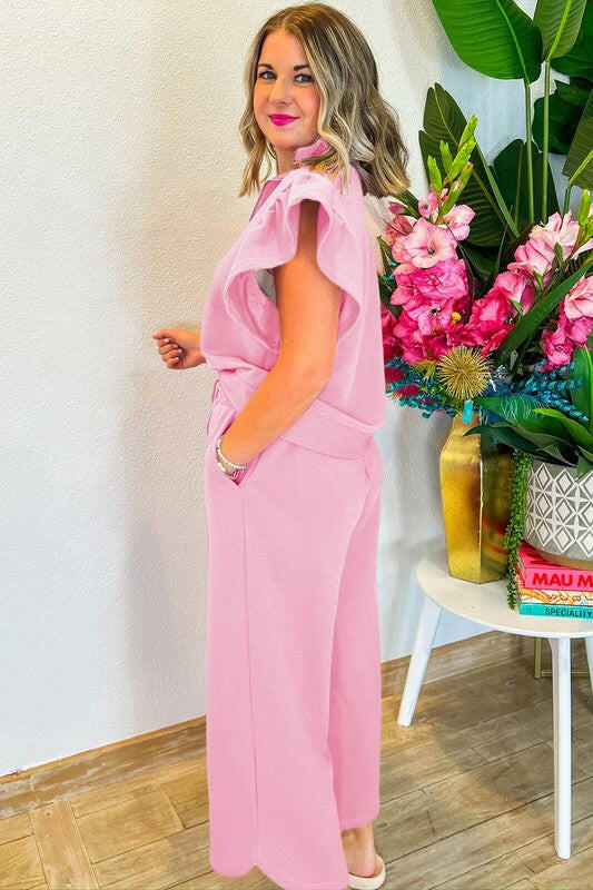 Ruffled Sleeve Zipped Top and Wide Leg Pants Set.