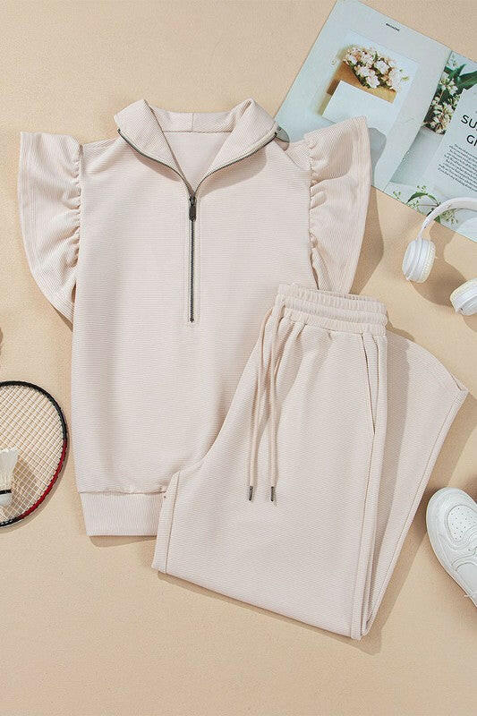 Ruffled Sleeve Zipped Top and Wide Leg Pants Set.