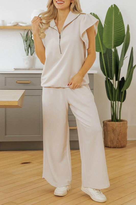 Ruffled Sleeve Zipped Top and Wide Leg Pants Set.