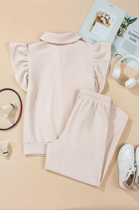 Ruffled Sleeve Zipped Top and Wide Leg Pants Set.
