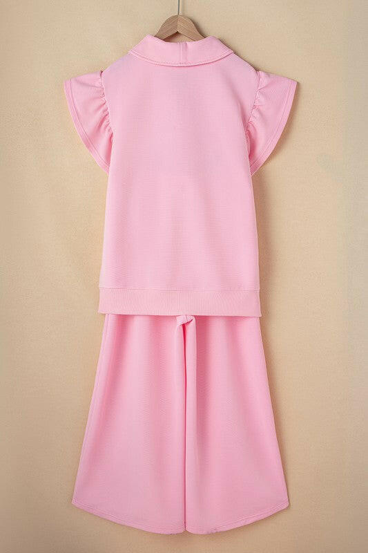 Ruffled Sleeve Zipped Top and Wide Leg Pants Set.