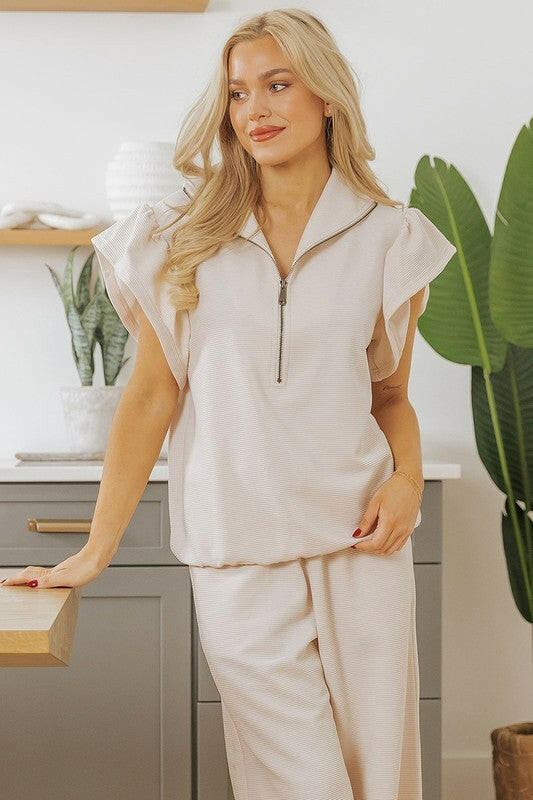 Ruffled Sleeve Zipped Top and Wide Leg Pants Set.