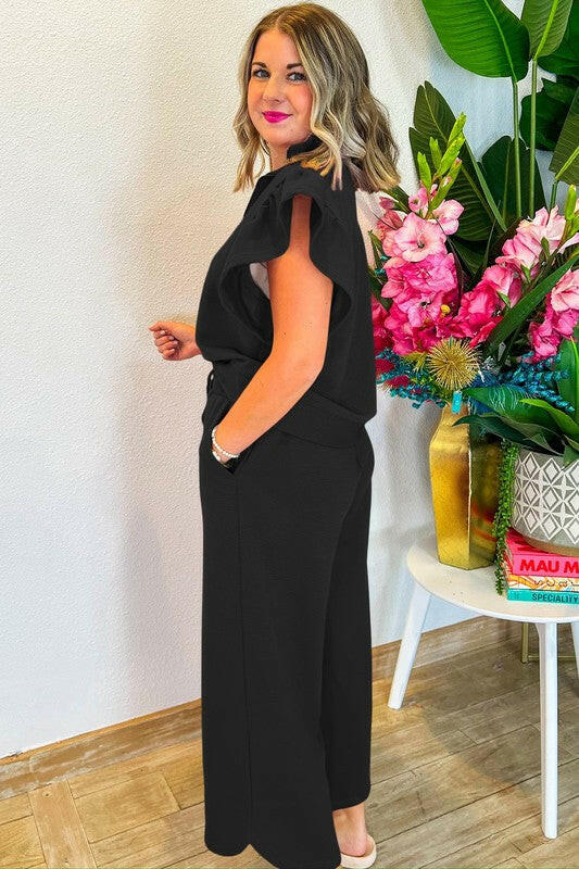 Ruffled Sleeve Zipped Top and Wide Leg Pants Set.