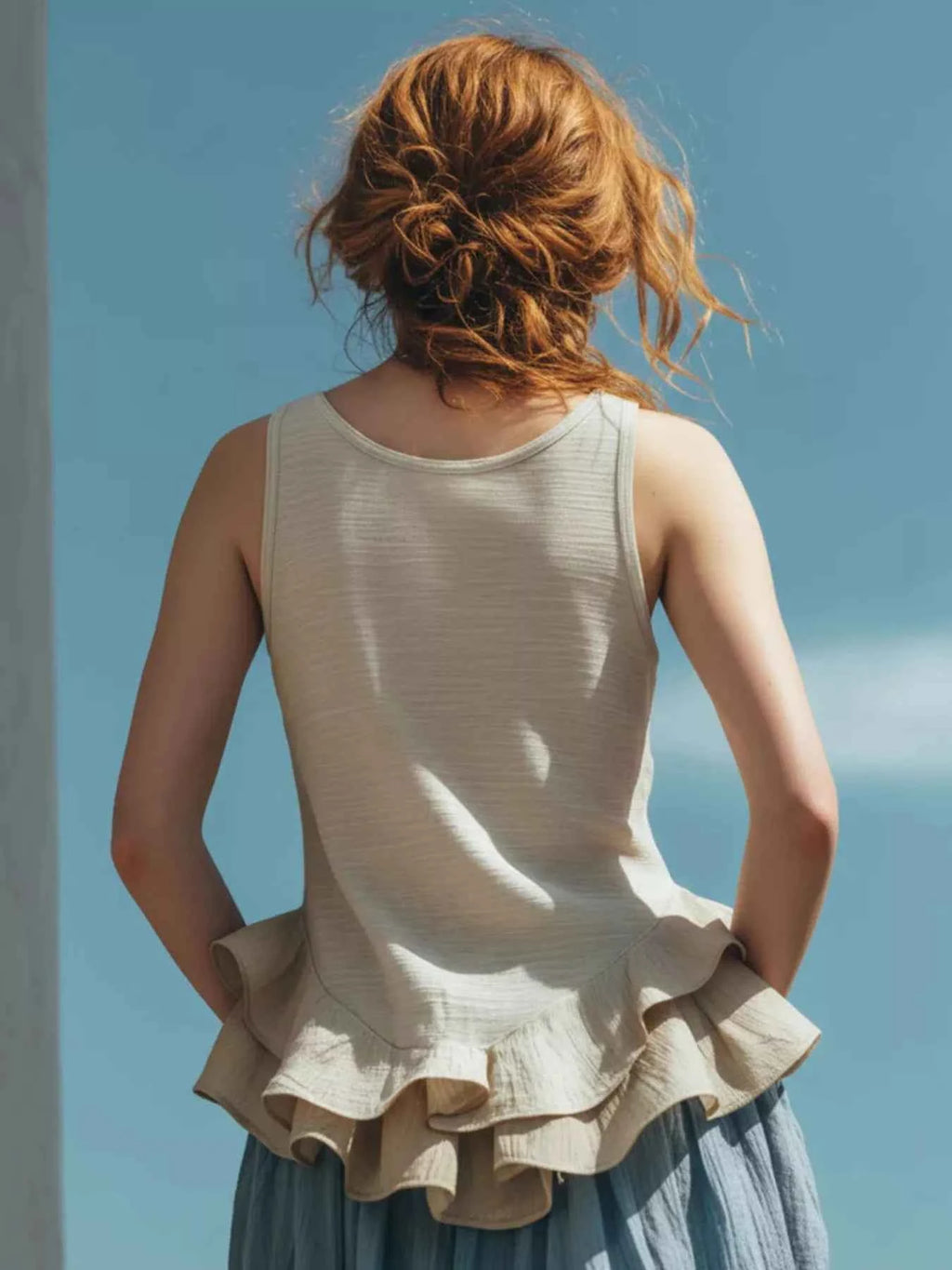 Ruffled Hem Round Neck Tank