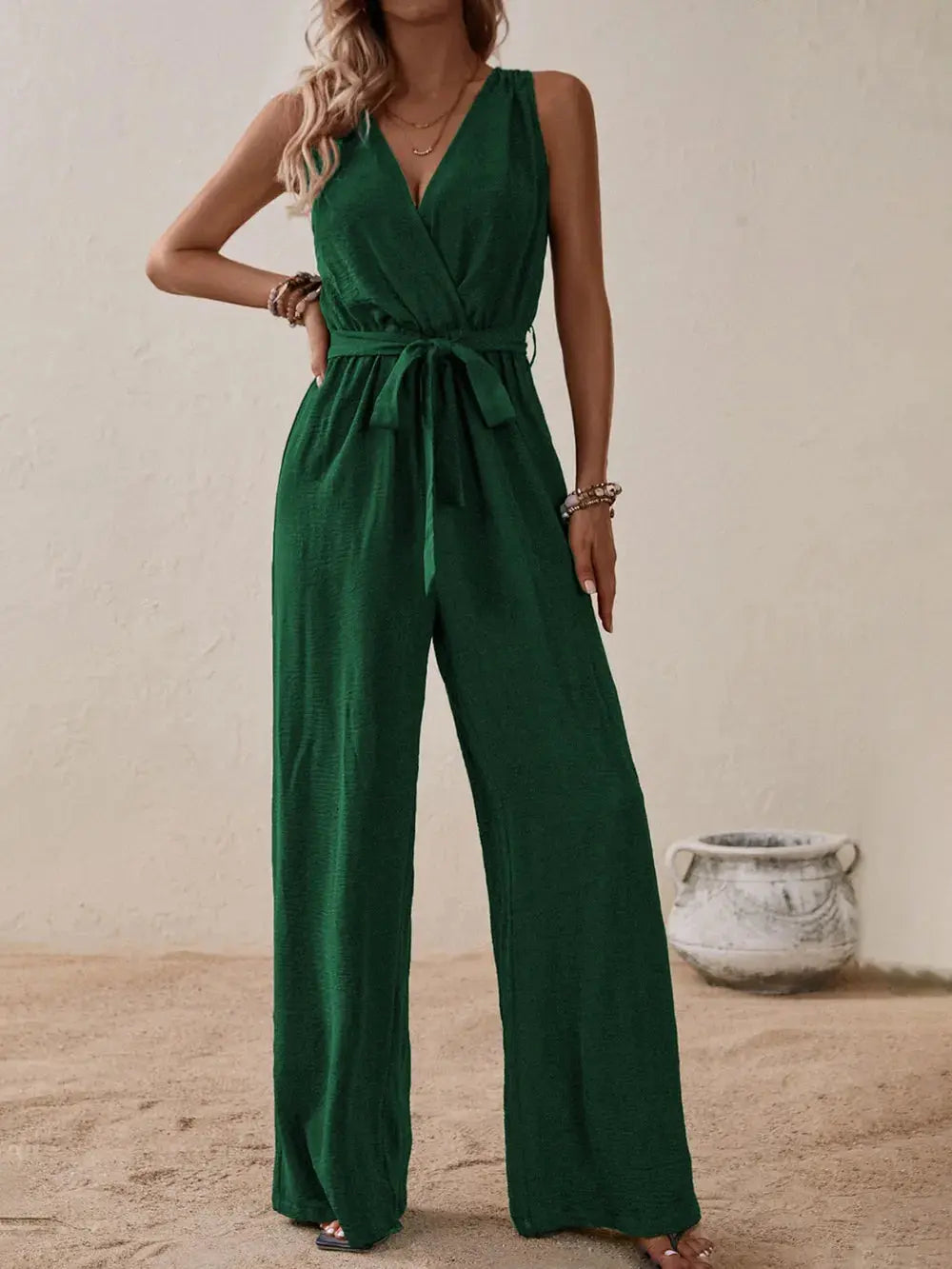 Honey Tied Surplice Sleeveless Wide Leg Jumpsuit.