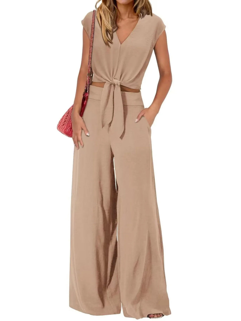 Tie Front Top and Wide Leg Pants Set.