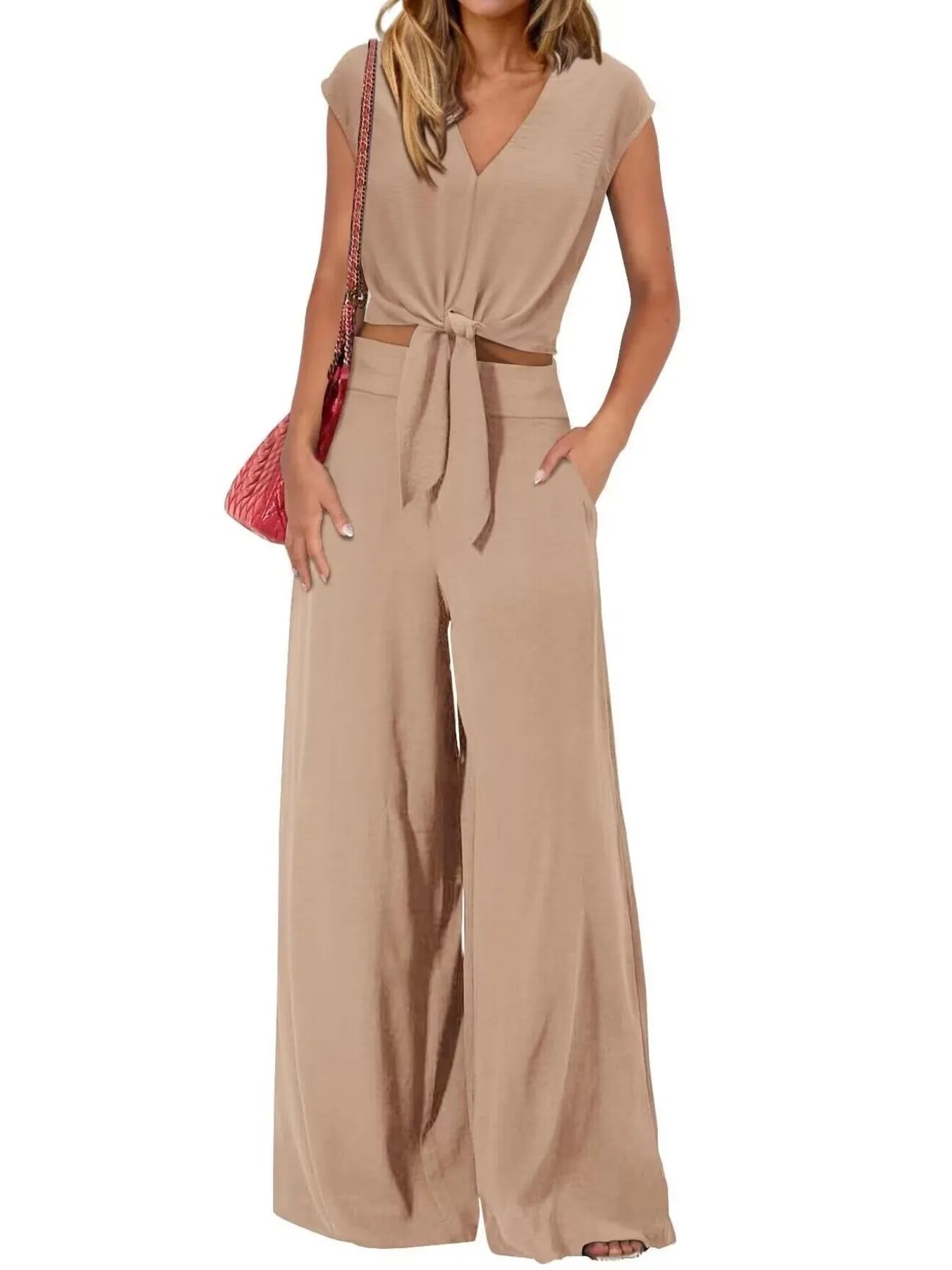 Tie Front Top and Wide Leg Pants Set.