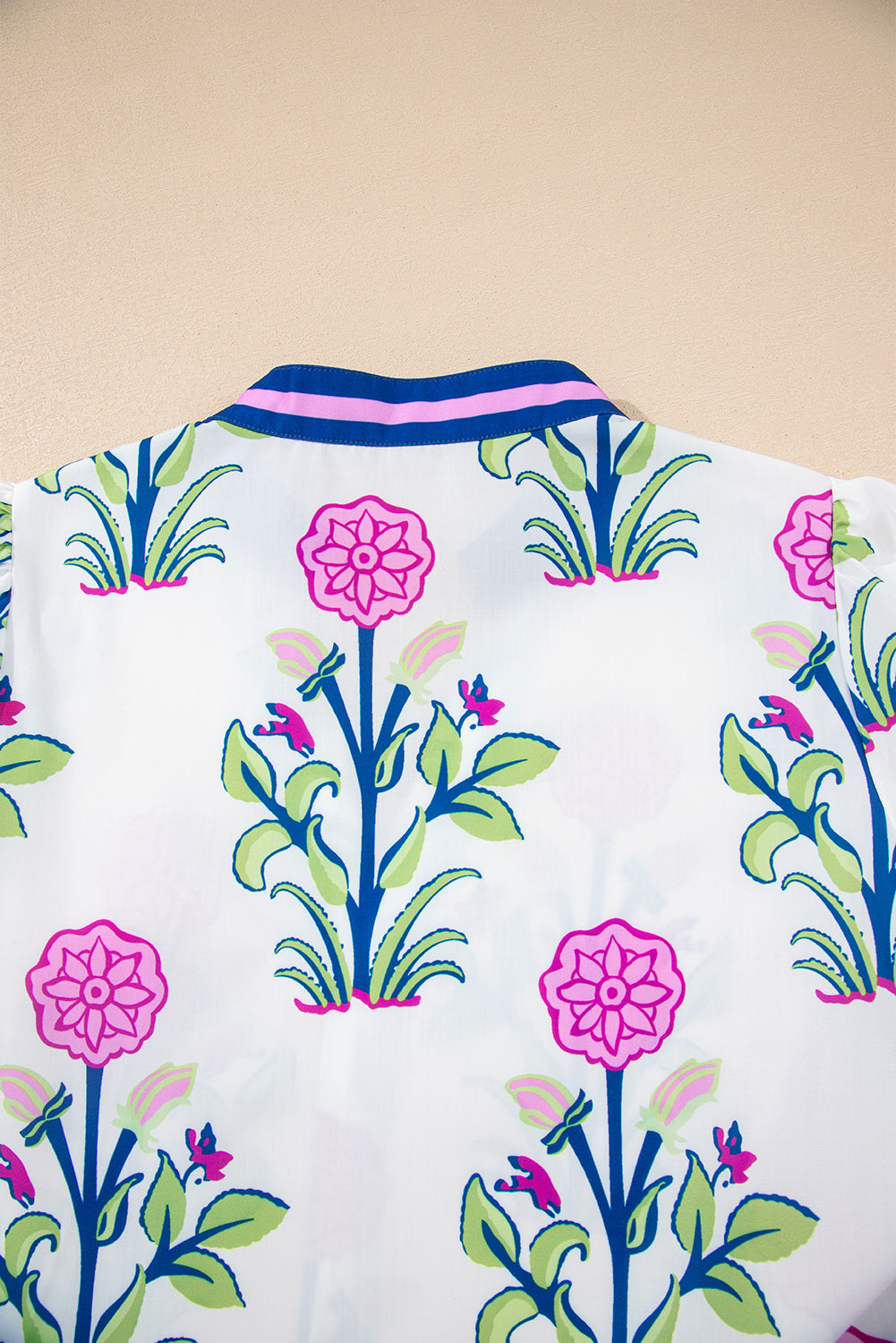 White Floral Print Contrast Striped Trim Notched Neck Long Sleeve Dress Dear-Lover Dropshipping