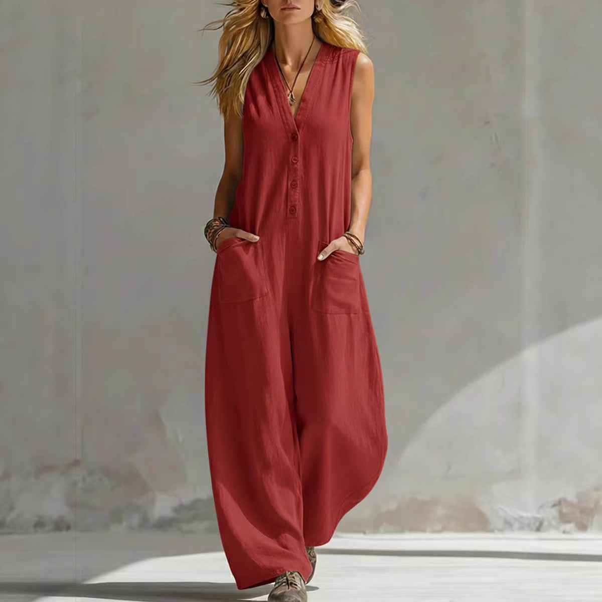 SpringSummer Womens Casual Linen-Cotton Sleeveless Jumpsuit