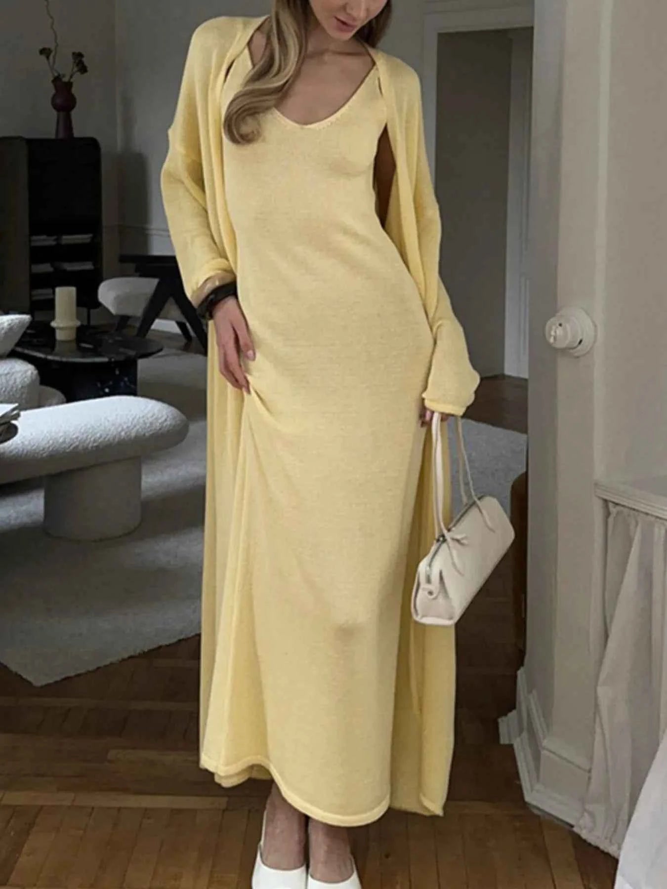 V-Neck Knit Dress and Cardigan Sweater Set