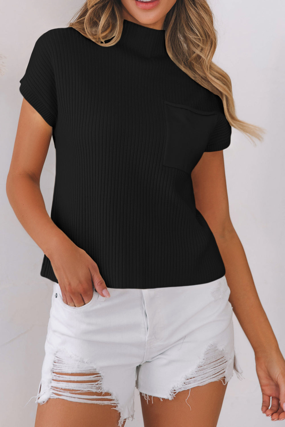 Black Patch Pocket Ribbed Knit Short Sleeve Sweater Dear-Lover Dropshipping