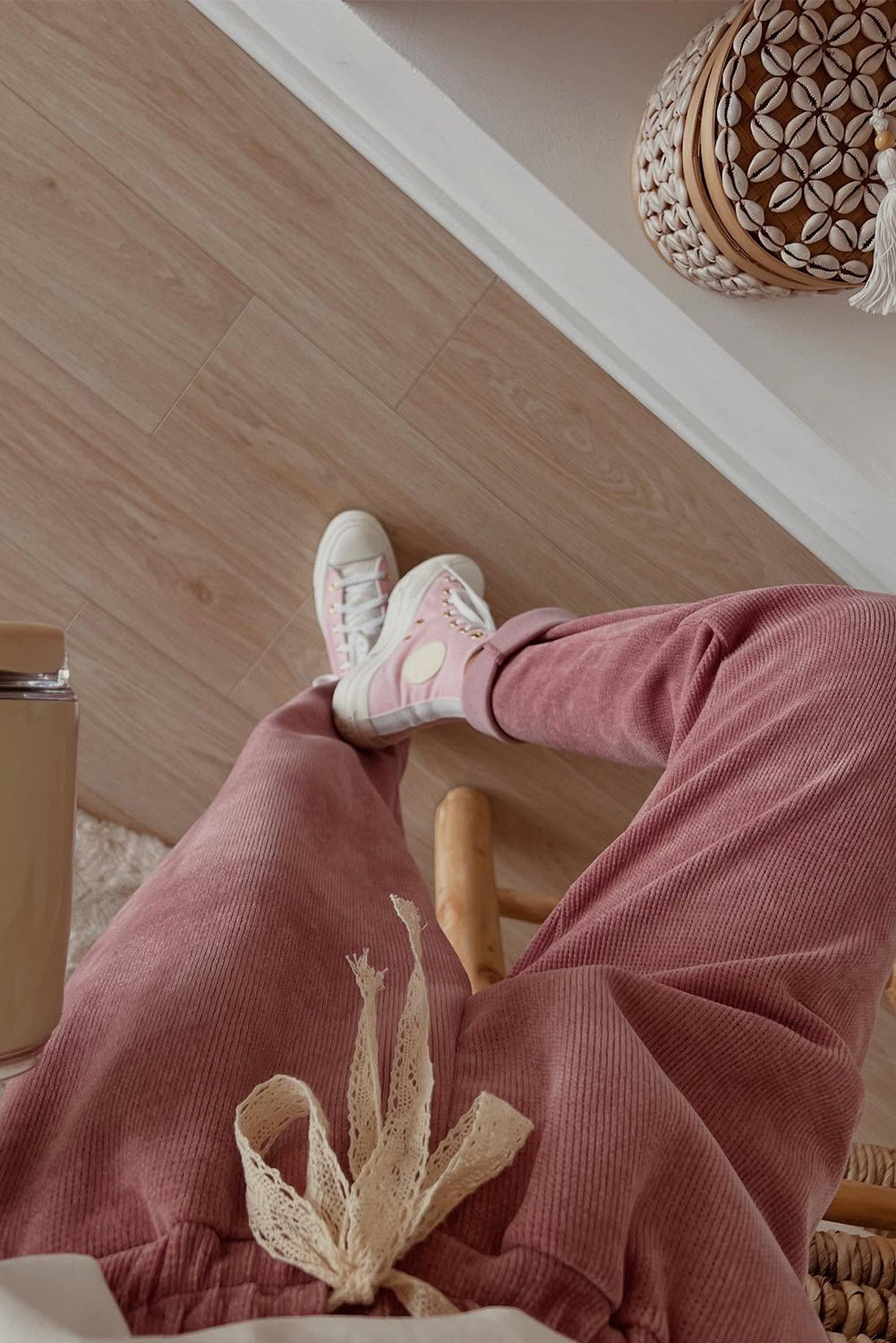 Rose Tan Lace Drawstring Pullover Hoodie and High Waist Pants Corduroy Suit Dear-Lover Dropshipping