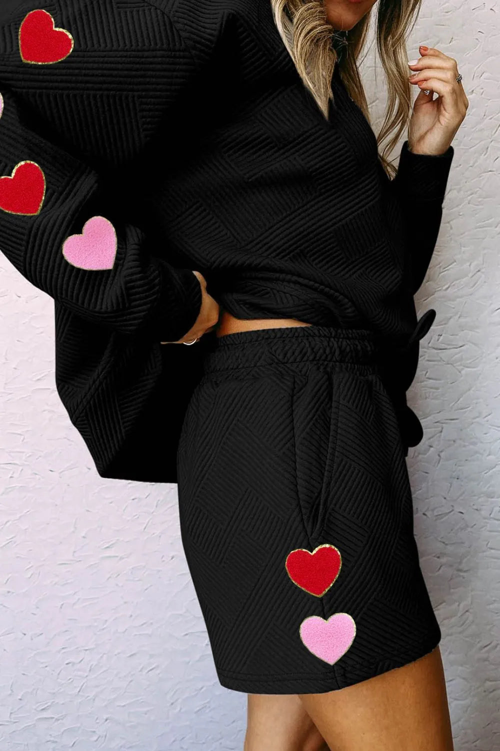 Heart Texture Round Neck Top and Drawstring Shorts Set.