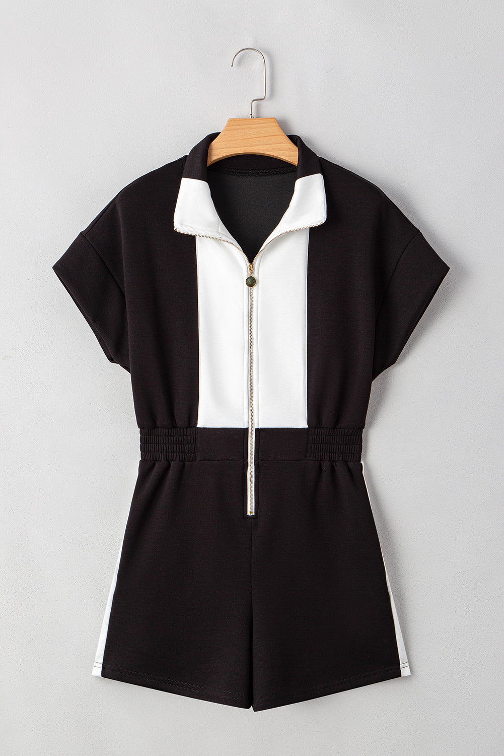 Black Contrast Collar Patchwork Zip Front Romper Dear-Lover Dropshipping