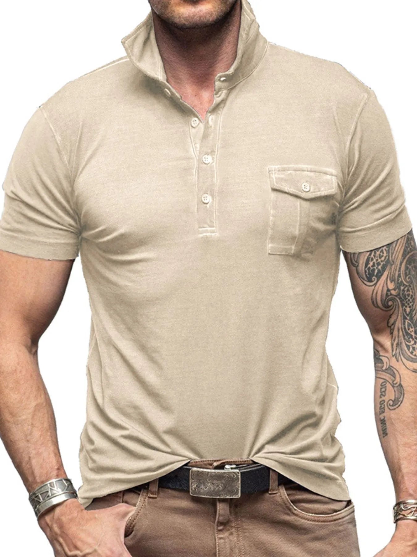 Men's Classic Pocket Polo Shirt with Stand Collar.